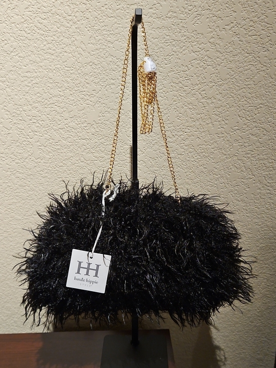 Haute Hippie Handbags - Haute Hippie - Black Faux Fur Clutch Purse With Gold Chain
